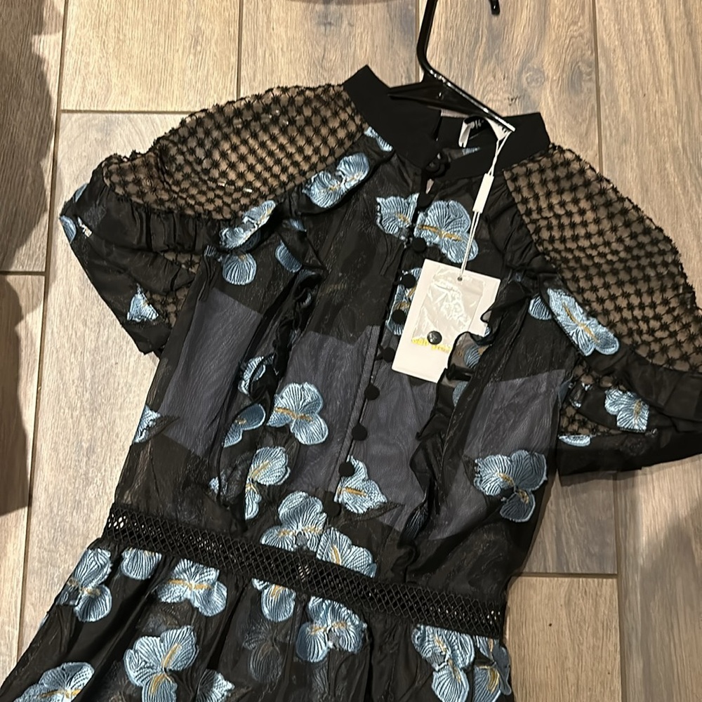 Self-portrait size 2 dress, midi length is black with blue flowers, nwt